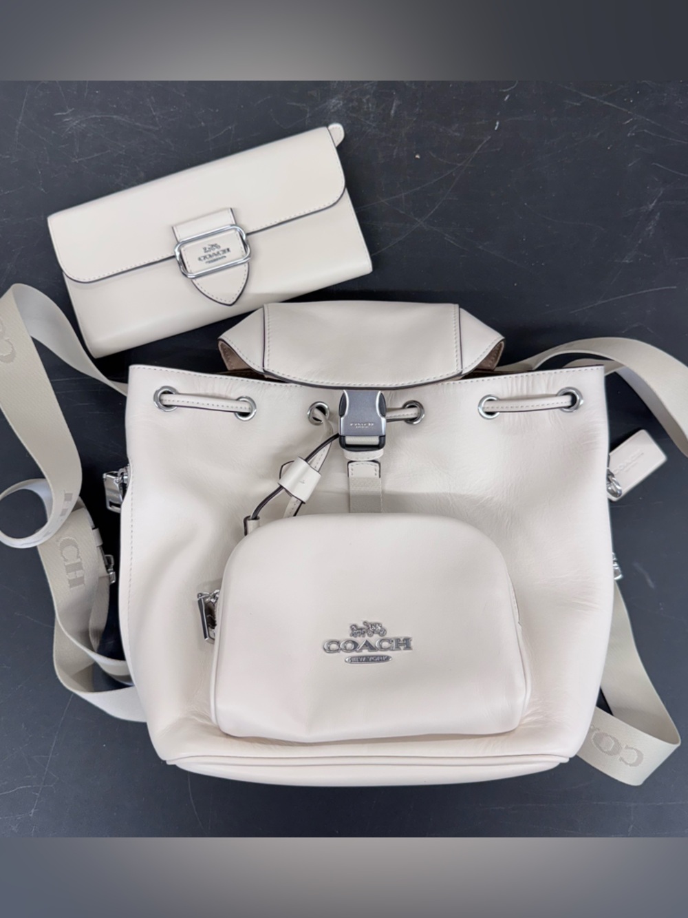 NWT Coach Cream Leather Pace Drawstring Backpack with Matching Wallet